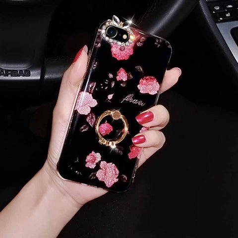 Vintage Rose Flowers Diamond Giltter Cover Case for iPhone